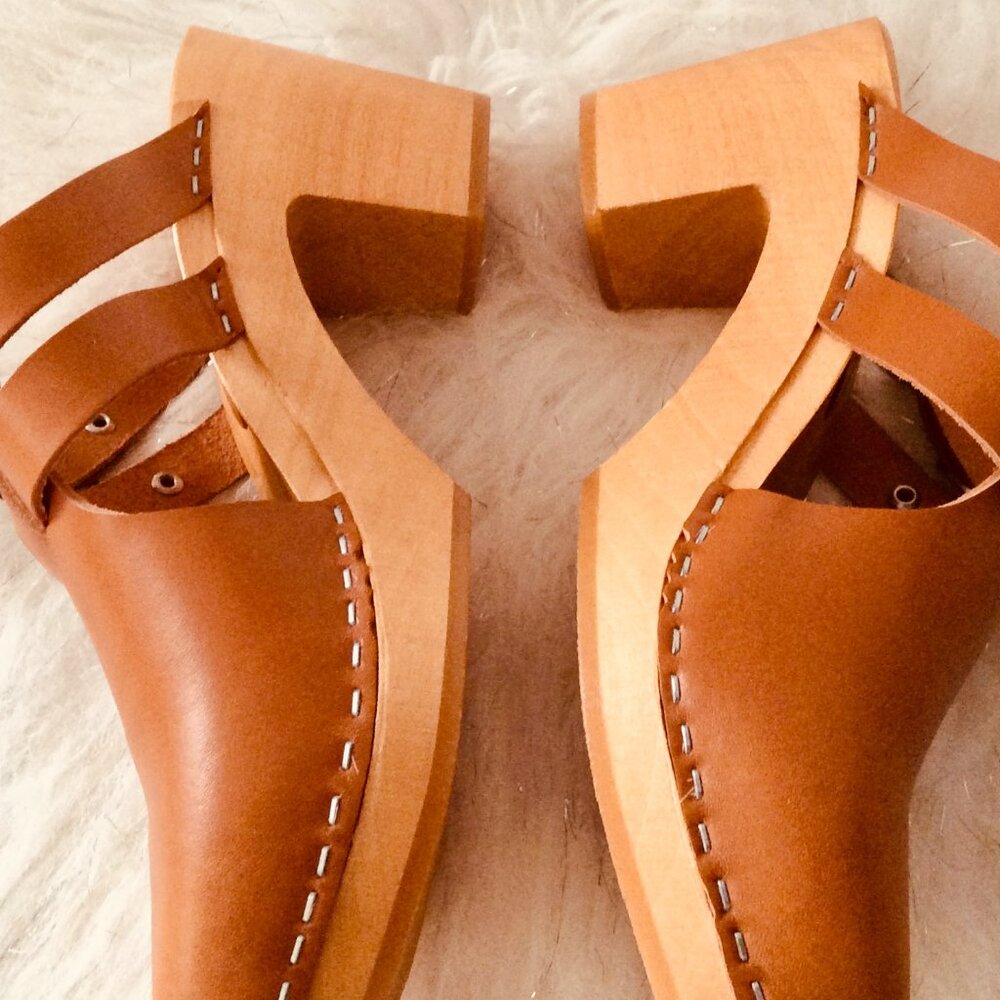 Brand New Klagn Brigetta Mid-Heel Fashion Leather Wooden Clog 38EU in Cognac - Picture 6 of 9
